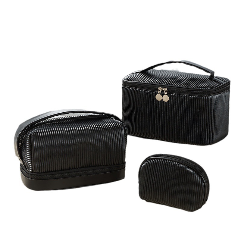 ES2352Toast cosmetic bag makeup bag PU pleated wash-and-wash bag travel carry-on bag high-capacity double-layer handbag