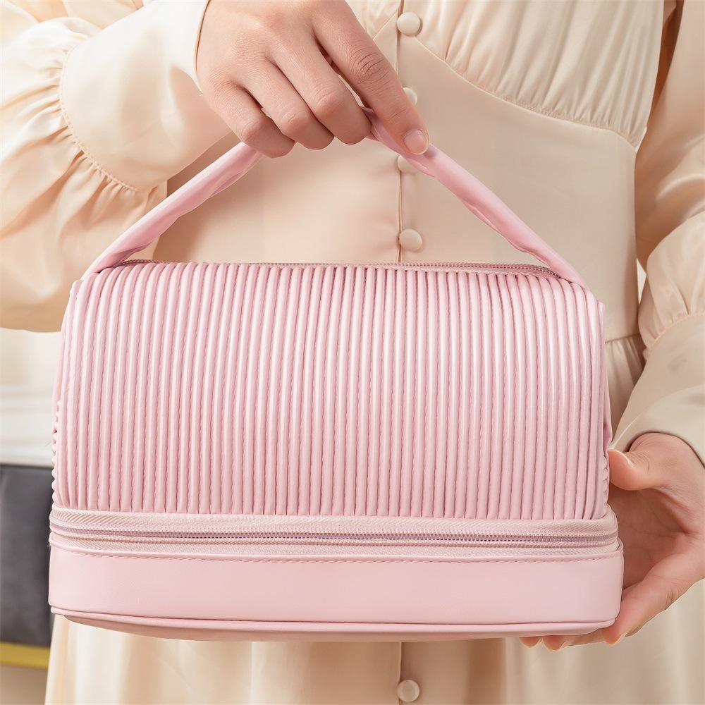 ES2352Toast cosmetic bag makeup bag PU pleated wash-and-wash bag travel carry-on bag high-capacity double-layer handbag