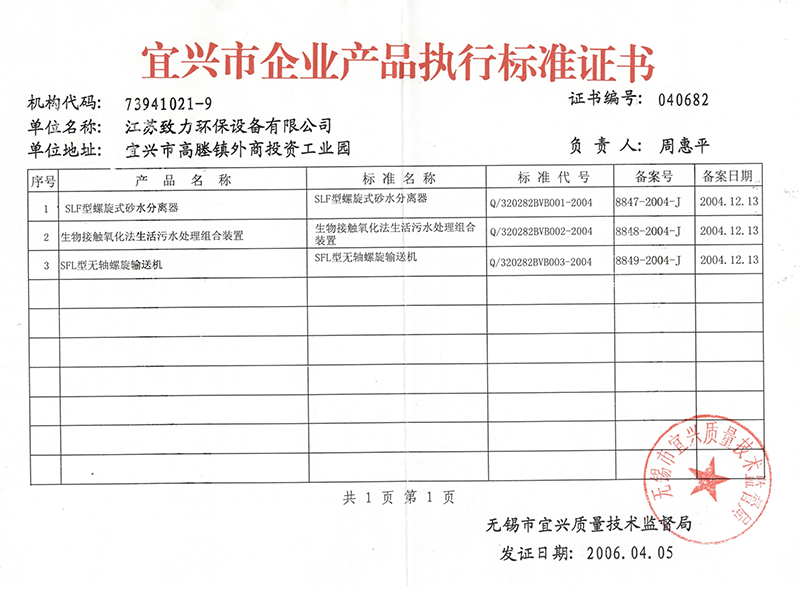 宜興市企業產品執行標準證書