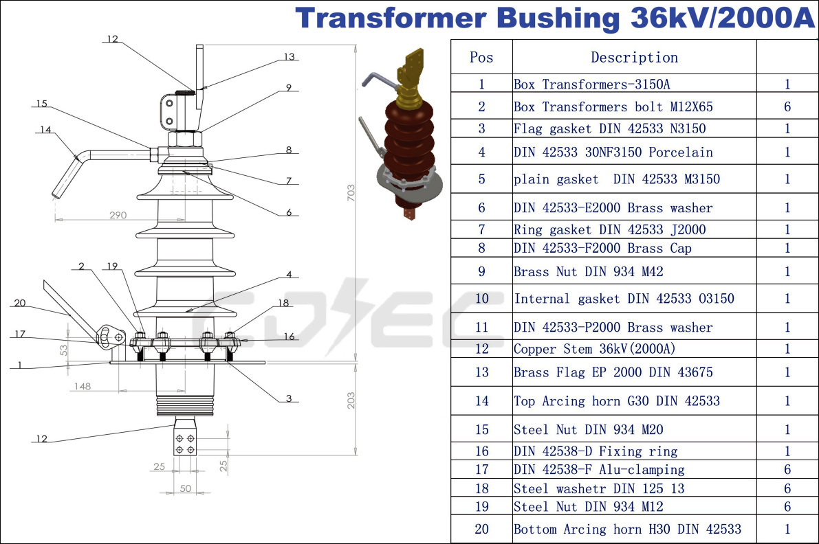 36kv 30NF250 High Voltage Transformer Porcelain Bushing