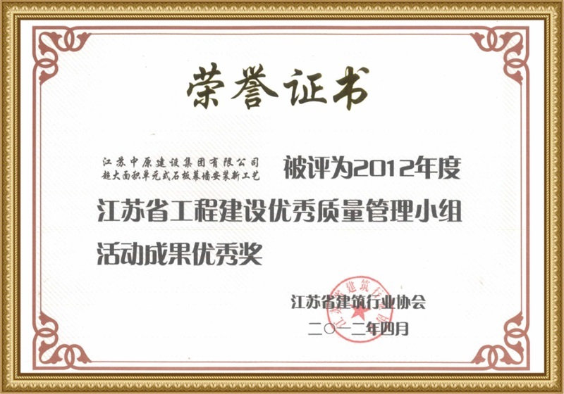江苏省工程建设优质质量管理小组活动成果优秀奖