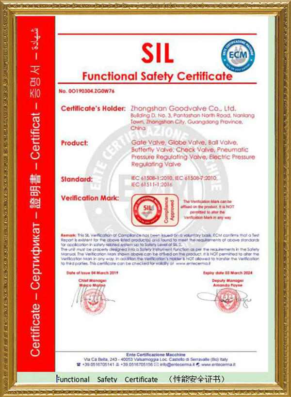 SIL Functional Safety Certificate