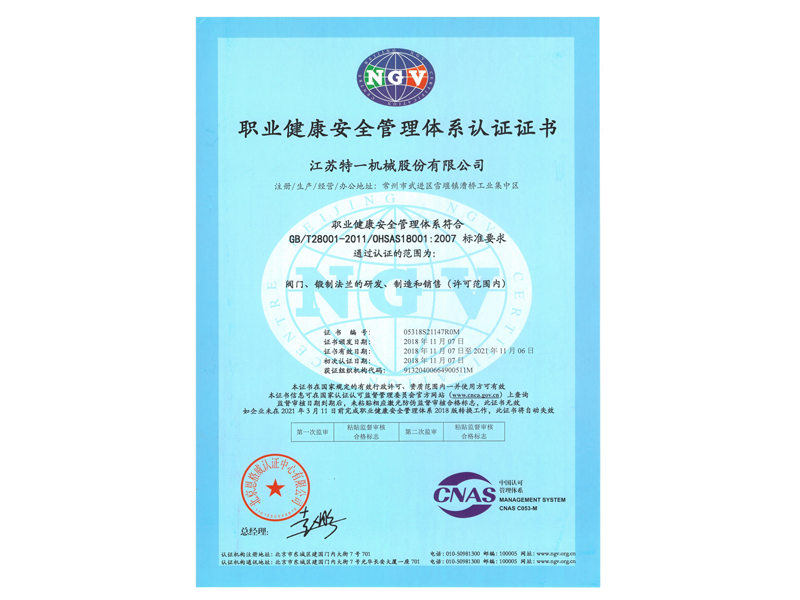 職業健康安全管理體系認證證書