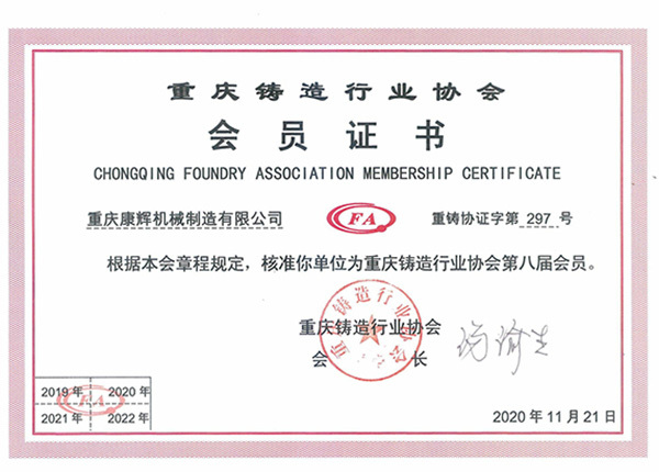2020 Chongqing Foundry Industry Association Member Certificate