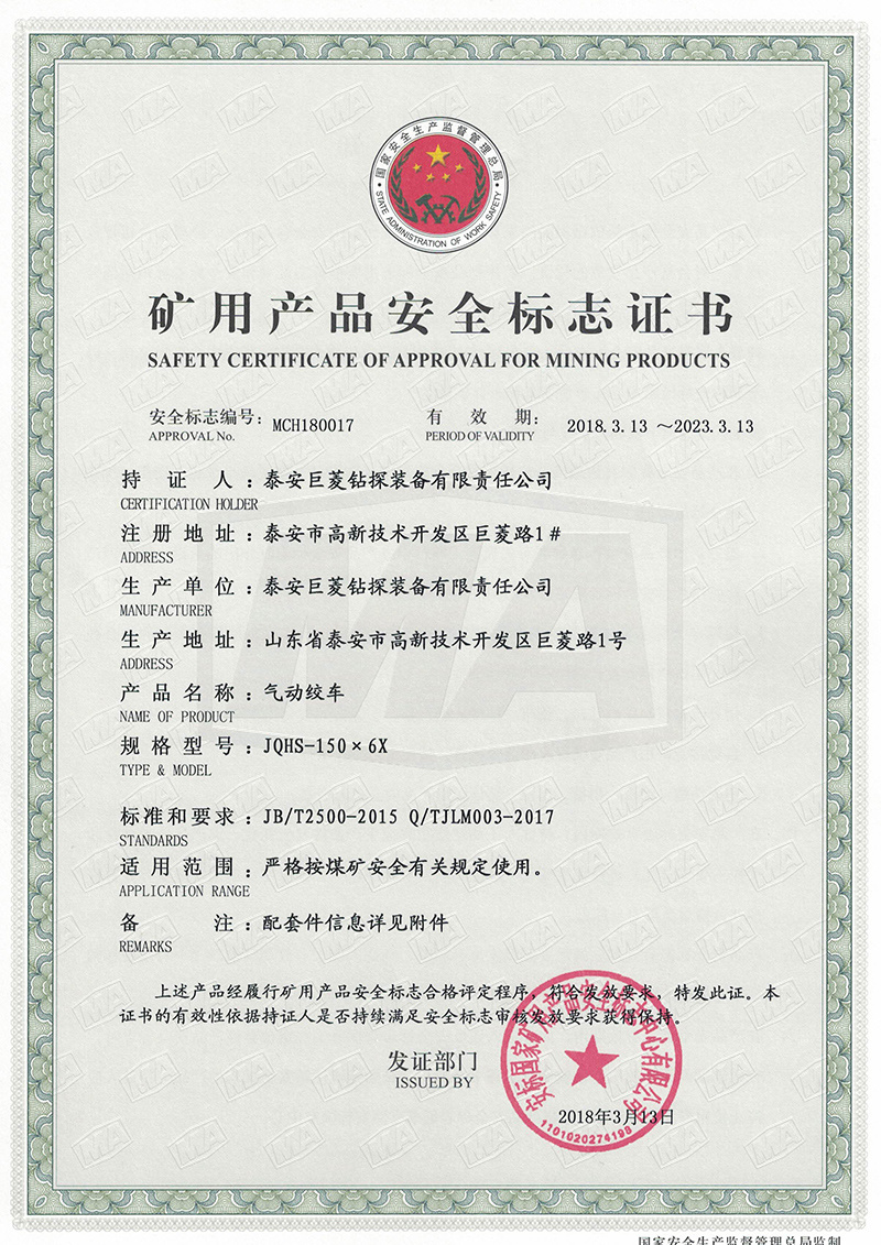 JQHS-150×6X coal safety certificate