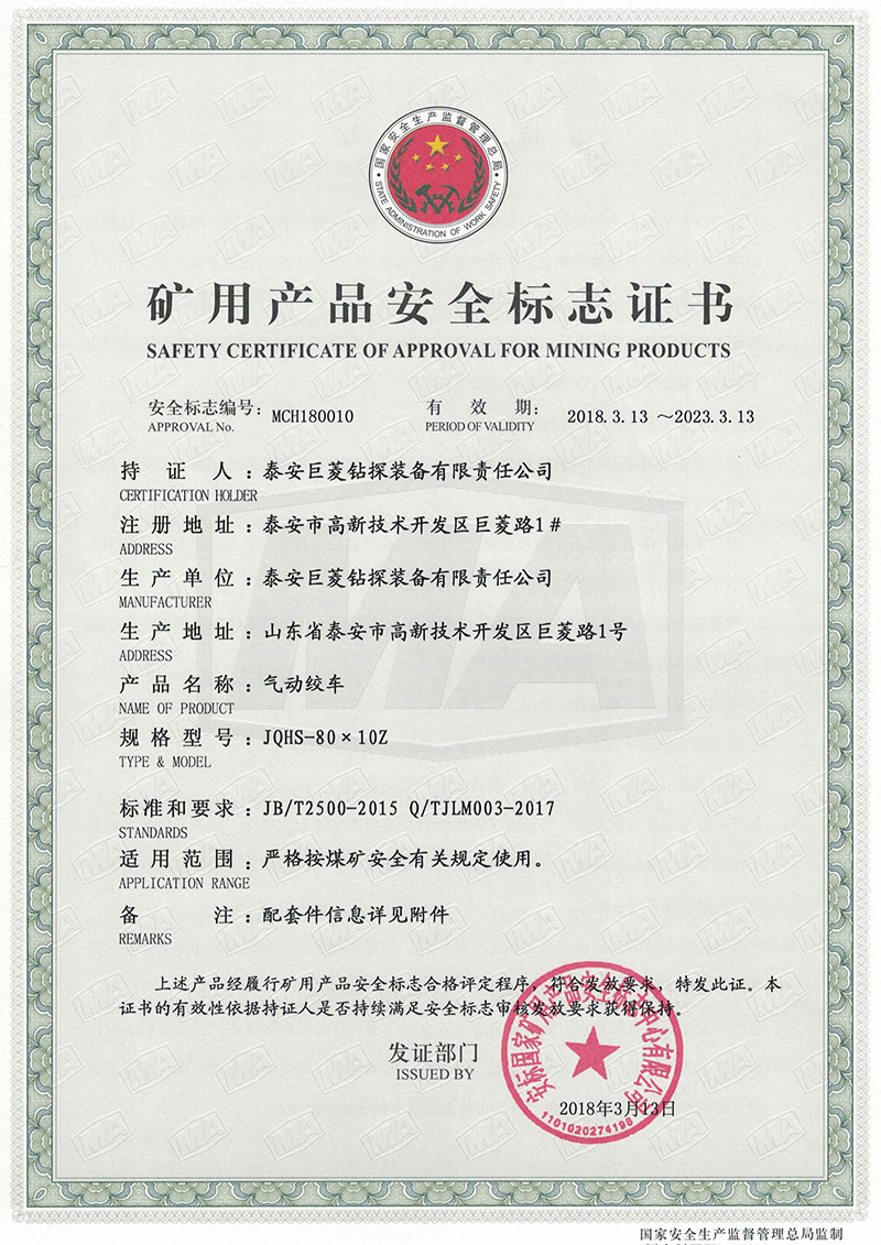 JQHS-80×10Z Coal Safety Certificate