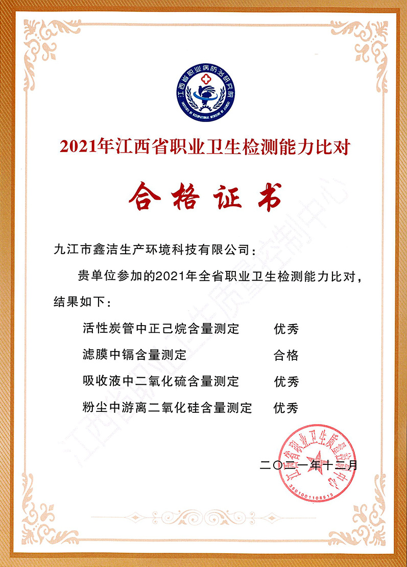 21年江西省職業(yè)衛(wèi)生檢測能力比對合格證書 21年江西省職業(yè)衛(wèi)生檢測能力比對合格證書