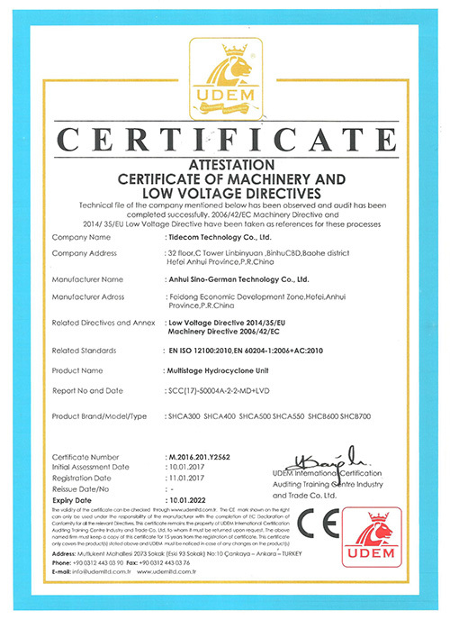 CE certificate of Hydrocyclone station CE certificate of Hydrocyclone station