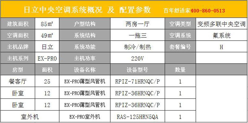 日立家用中央空调EX-PRO系列85㎡二房二厅