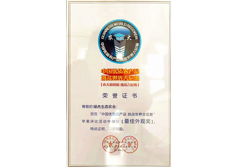 中国优质农产品挑战世界吉尼斯荣誉证书