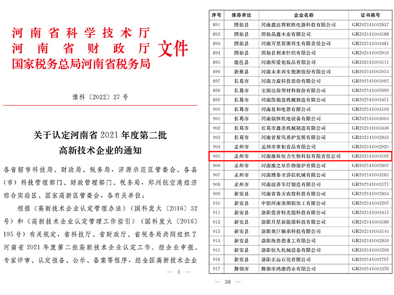 關(guān)于認(rèn)定河南省2021年度第二批高新技術(shù)企業(yè)的通知