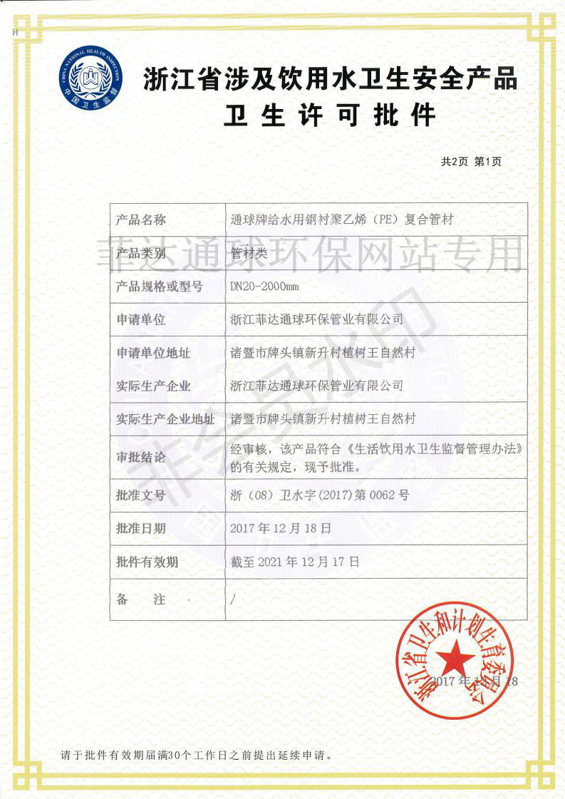 Sanitation License for Products Involving Sanitary Safety of Drinking Water in Zhejiang Province Sanitation License for Products Involving Sanitary Safety of Drinking Water in Zhejiang Province