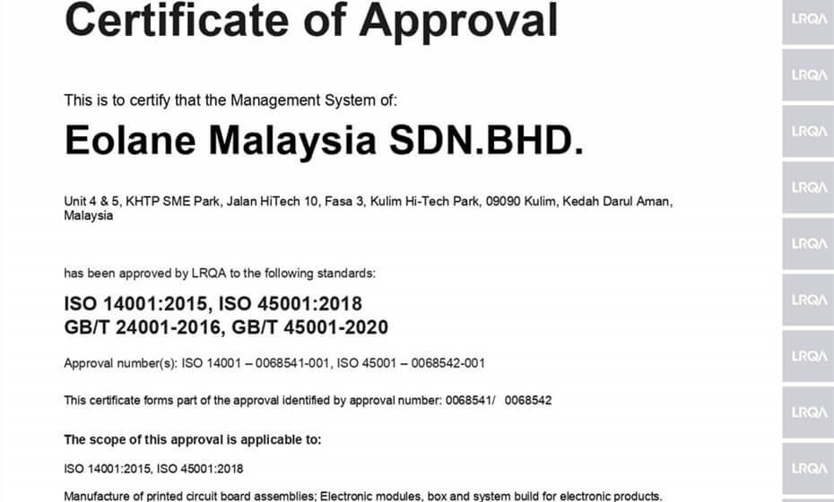 Eolane Malaysia Successfully Obtains Multiple ISO Certifications