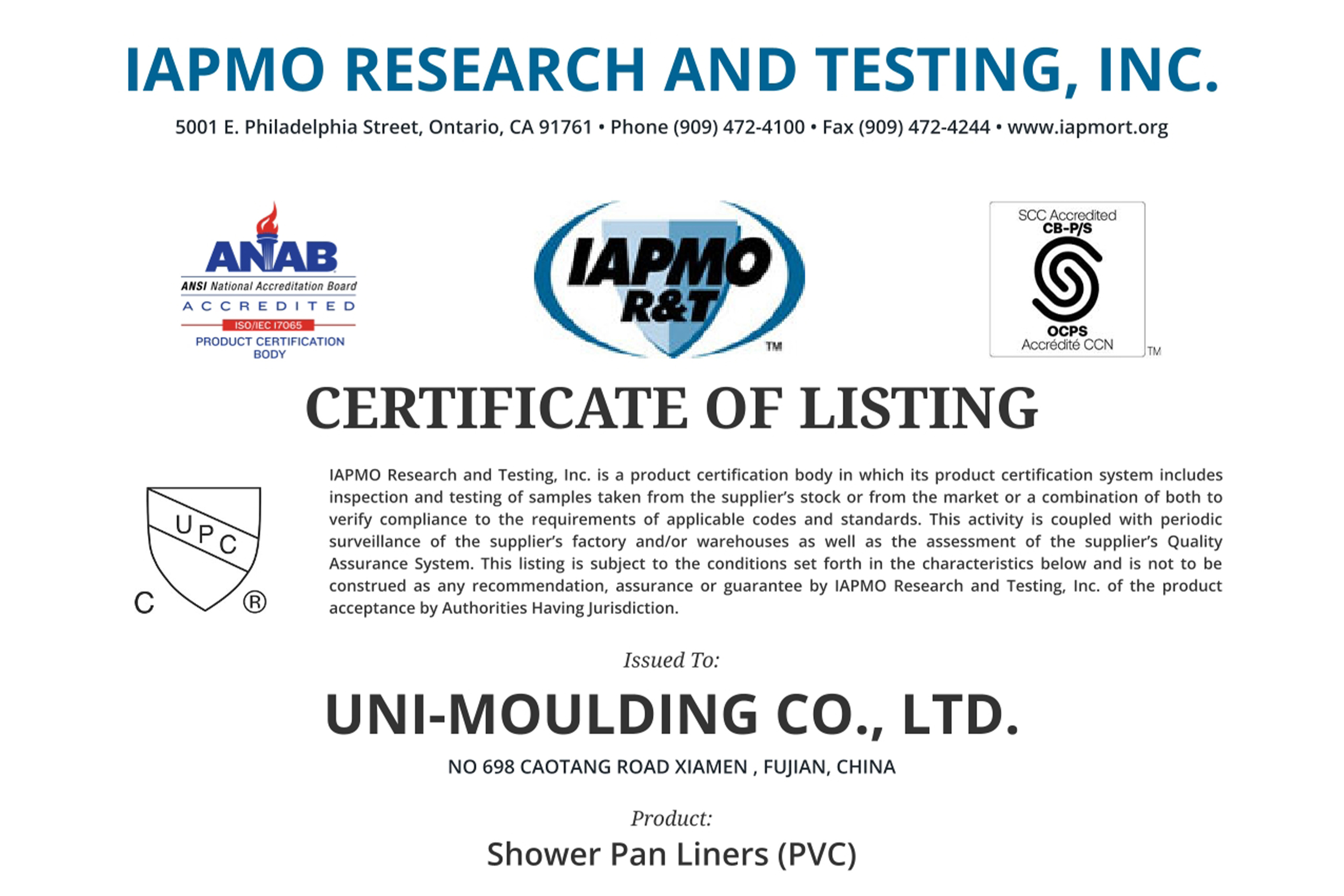 UNI-GREEN Achieves PVC SHOWER PAN LINER CUPC Certification