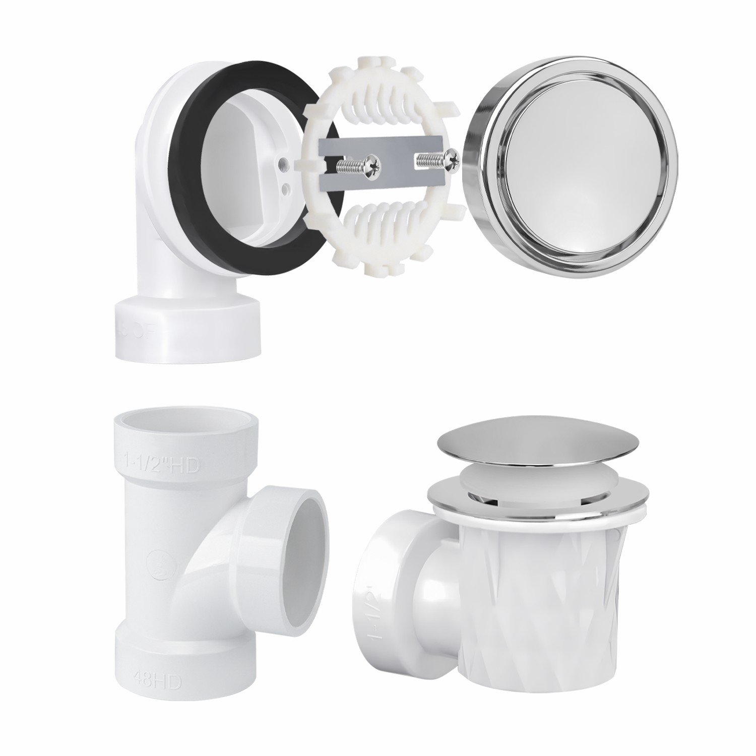 Mushroom Tip Toe Annular Ring No Hole Faceplate Tee  1-1/2" Elbow Overflow Plumber's Pack