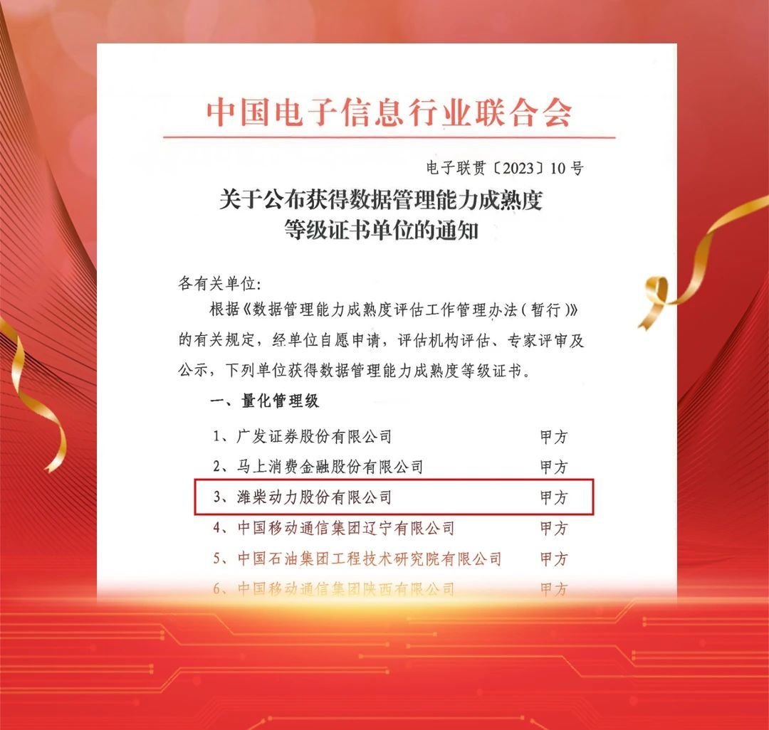 中国机械企业首家通过DCMM4级！潍柴数据管理能力领先行业