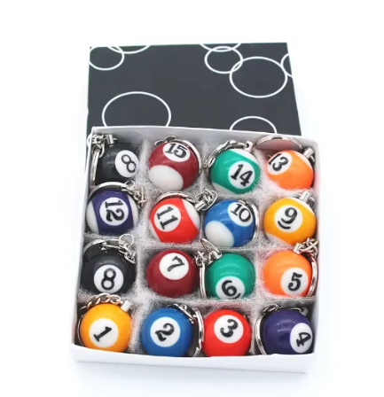 High quality 16pc keychain set with full-color pool design, 25mm diameter plastic keychain ball, promotional gift