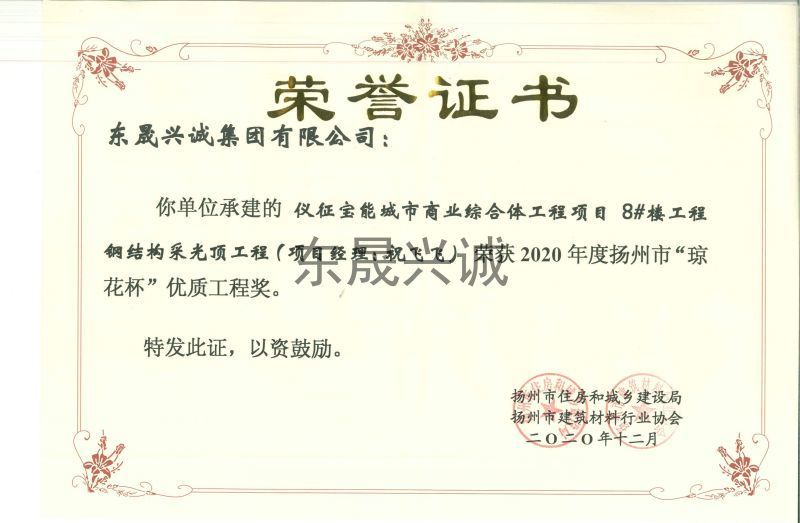 瓊花杯-2020年度儀征寶能城市商業(yè)綜合體工程項目8樓工程鋼結(jié)構(gòu)采光頂工程