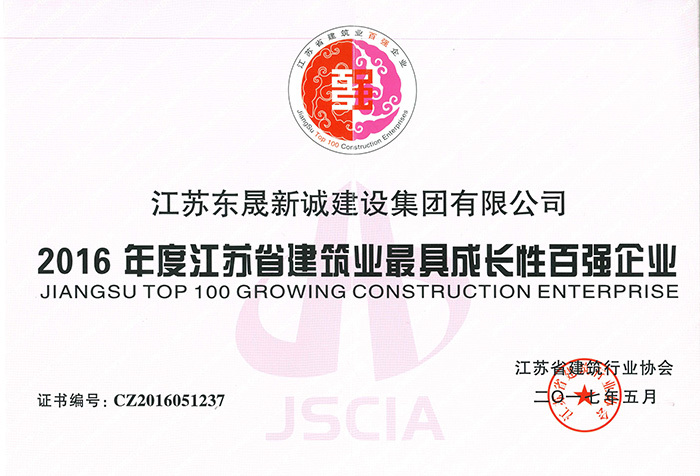 2016年度江苏省建筑业最具成长性百强企业2017.5