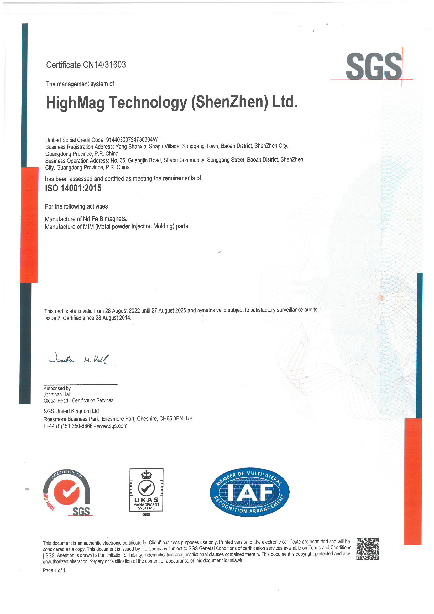 CERTIFICATE OF HIMEG ISO 14001 2015 SYSTEM