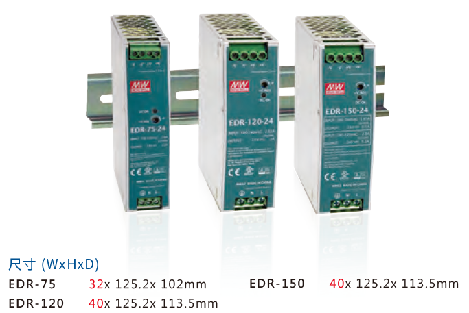 明緯導軌電源EDR-75W120W150W的外觀尺寸