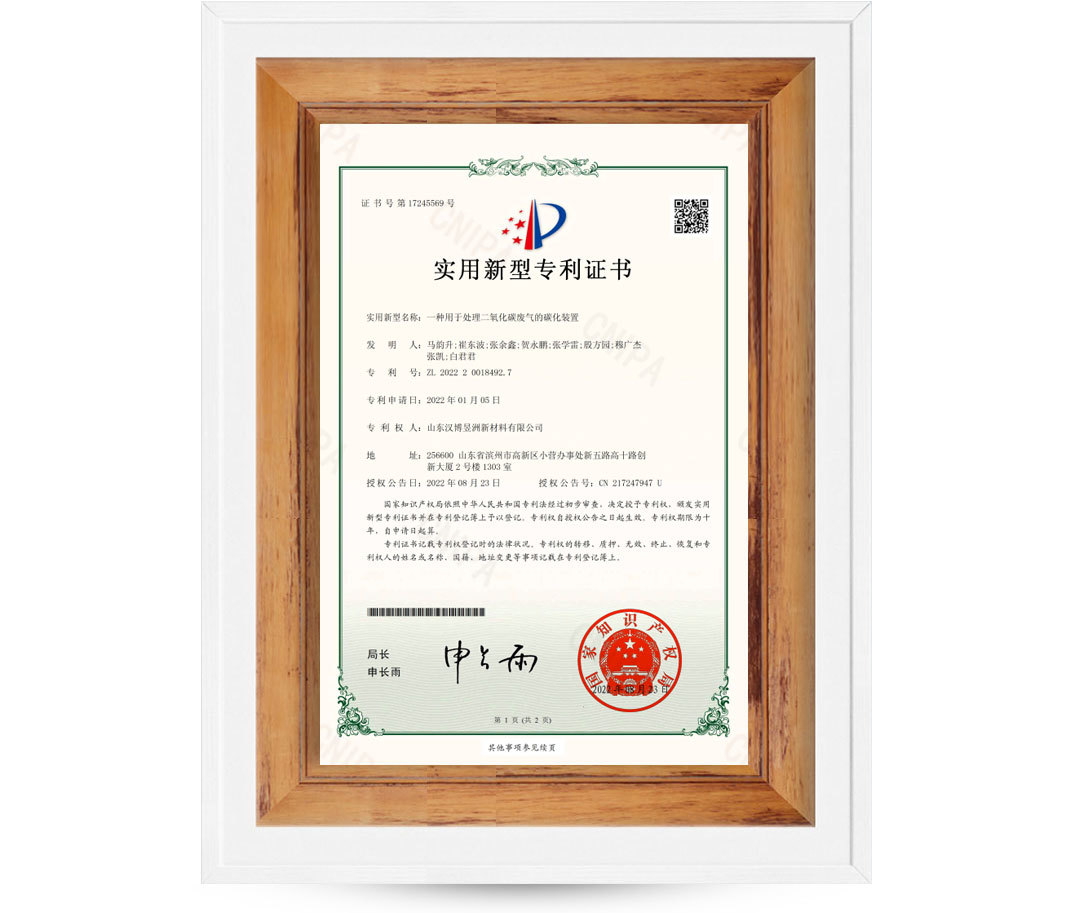 实用新型专利证书-一种用于处理二氧化碳废气的碳化装置