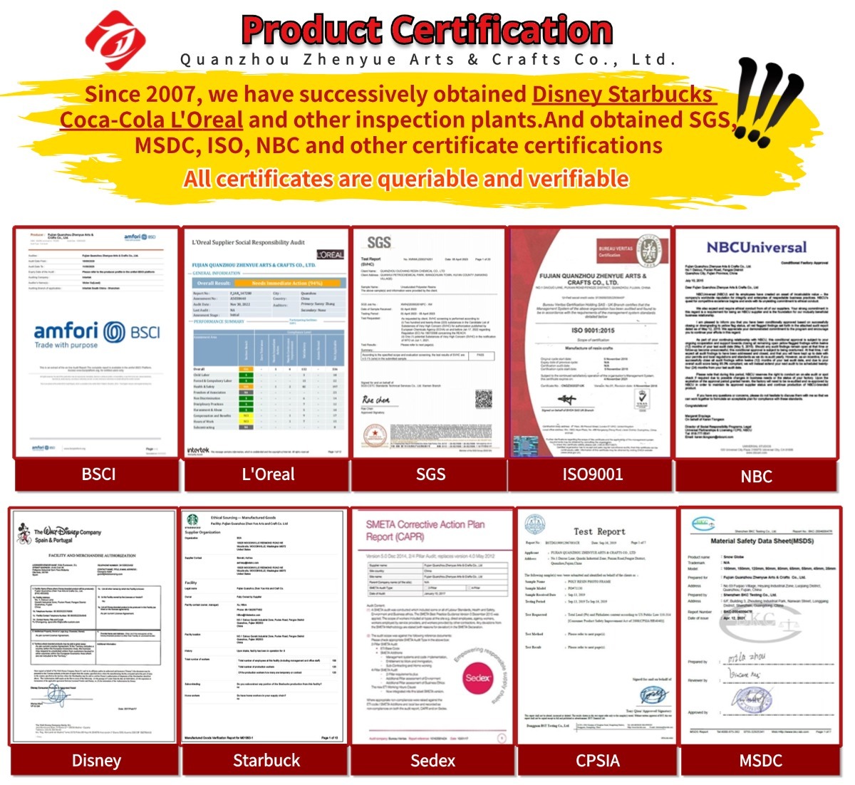 snowglobe manufacturers certificates