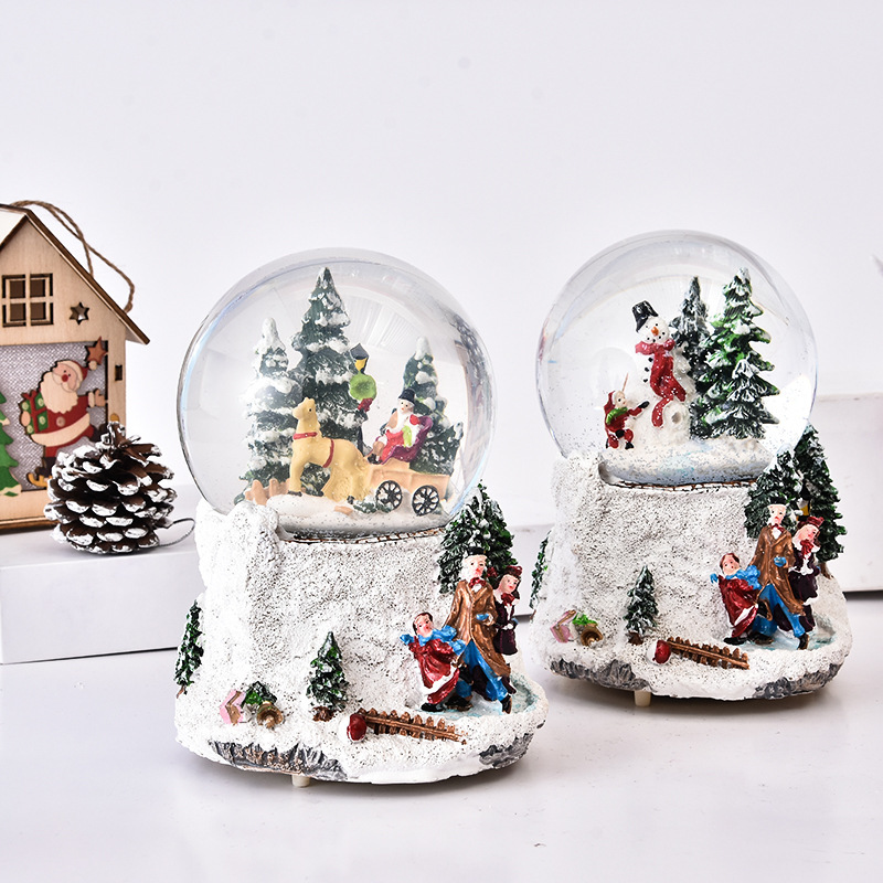 Resina personalizada de vidrio linterna navidad globo nieve con soplando luz y caja música regalo decoración del hogar