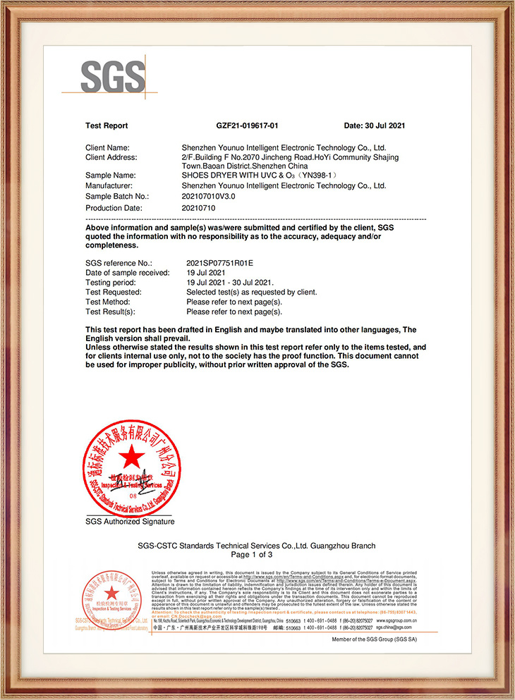 SGS CERTIFICATE: Shoes dryer with UVC &O3 SGS CERTIFICATE: Shoes dryer with UVC &O3