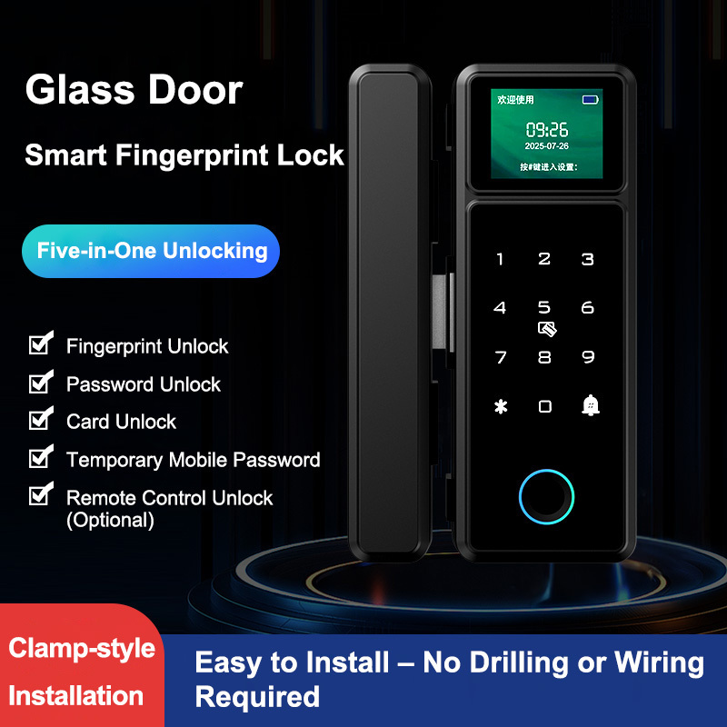 YN-DL-N020 Smart Glass Door Fingerprint Lock — Multi-Door Compatibility, No Floor Socket Required, Upgraded Stainless Steel Double Hooks