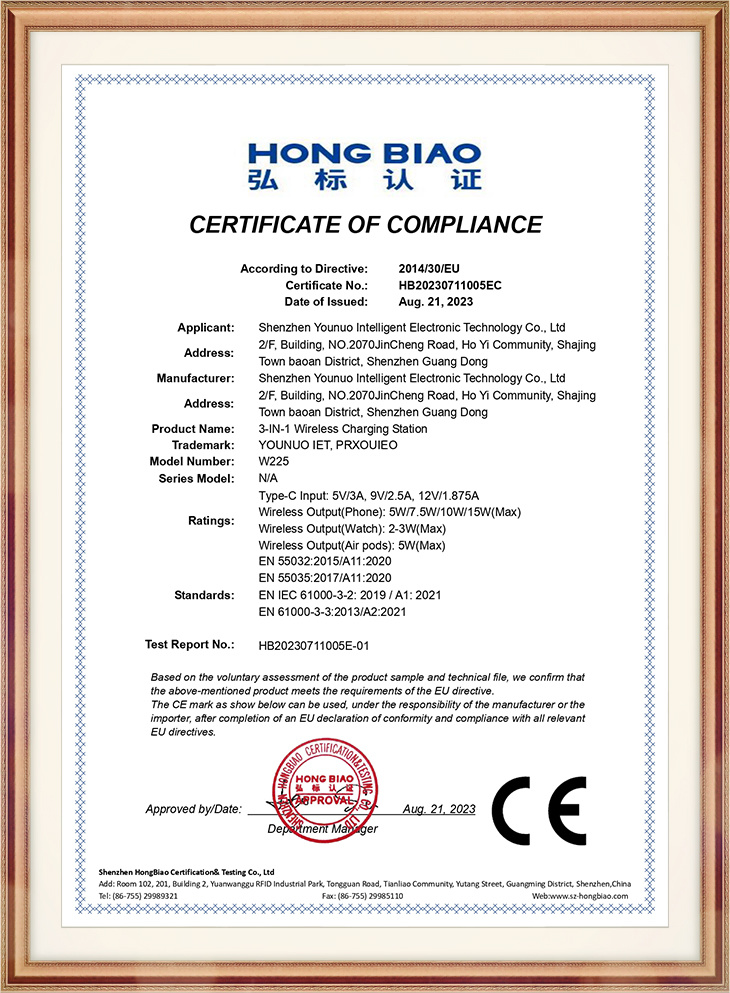 CE CERTIFICATE: W225 3-IN-1 Wireless Charging Station CE CERTIFICATE: W225 3-IN-1 Wireless Charging Station