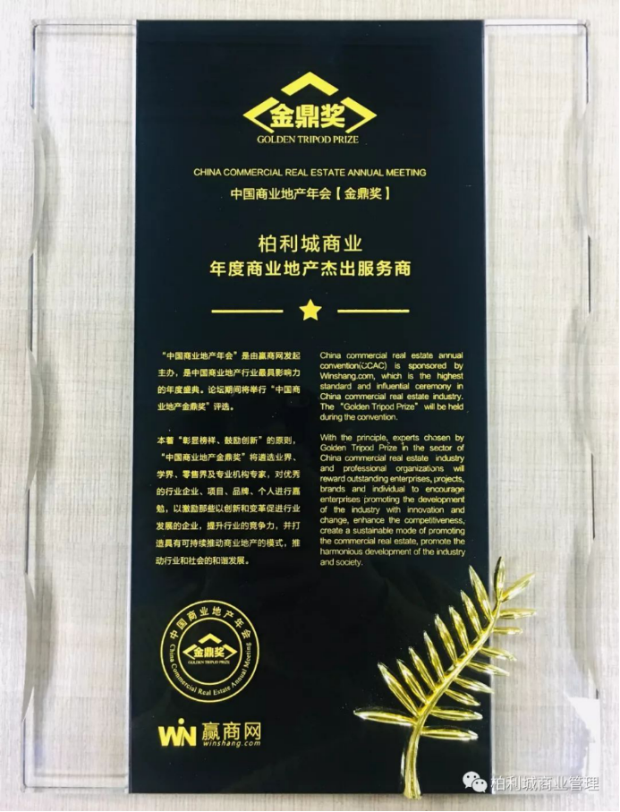 喜讯!柏利城荣获赢商网“2018年度商业地产杰出服务商”奖