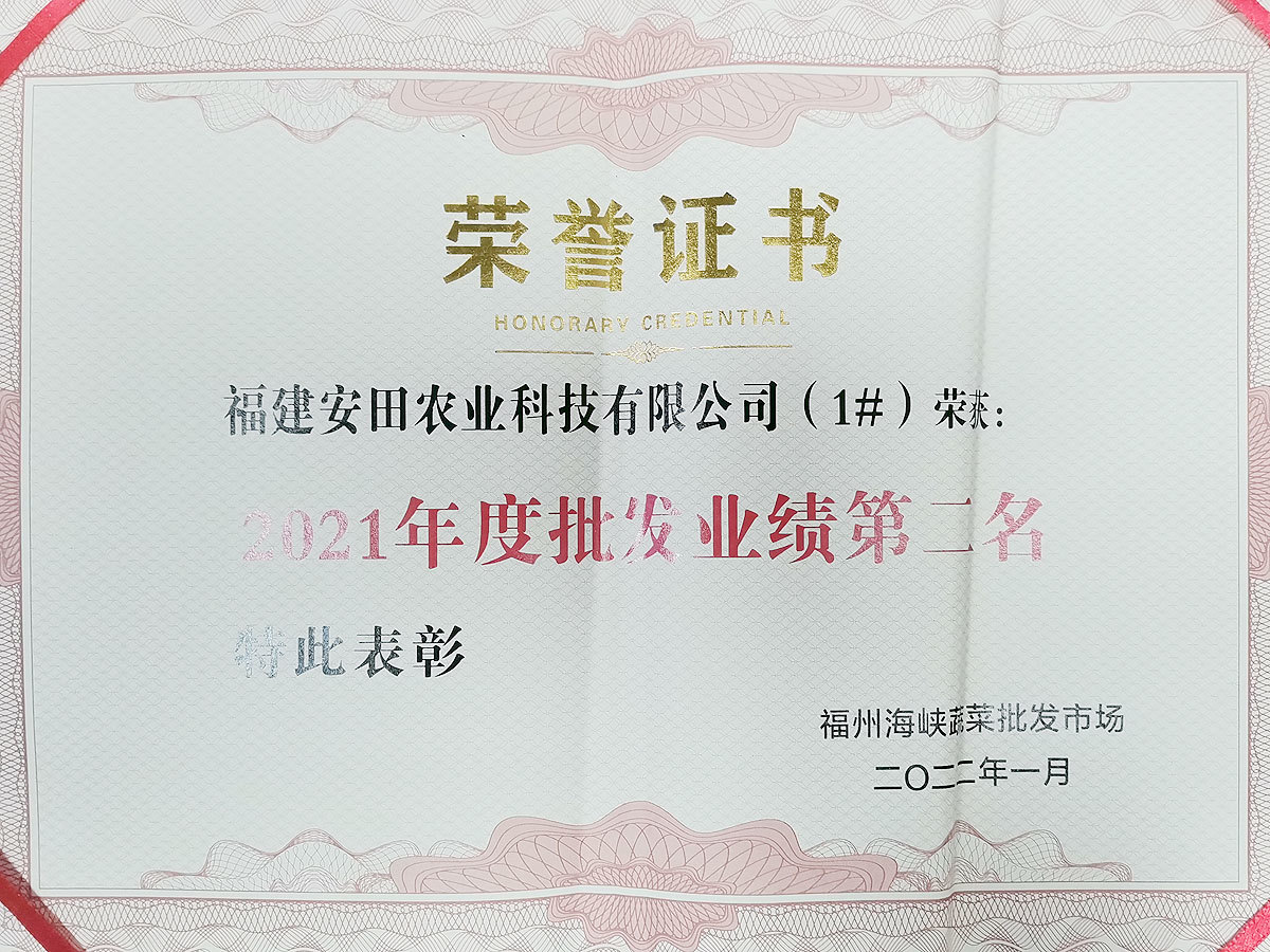 2021年度批發業績第二名