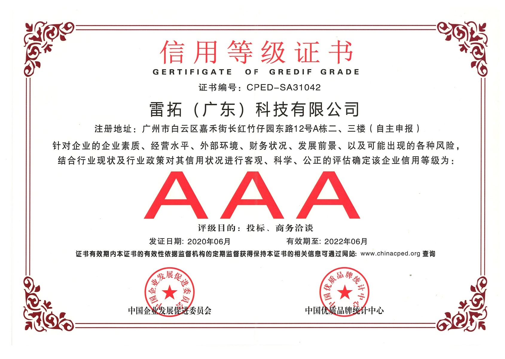 Credit Rating Certificate AAA