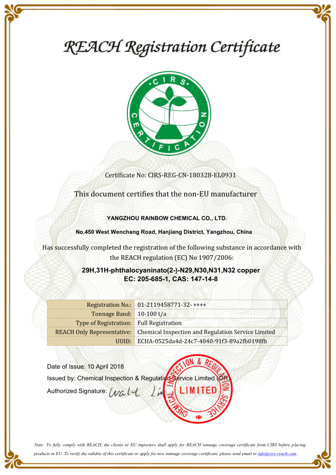 REACH Registration Certificate for Phthalocyanine Blue BGS