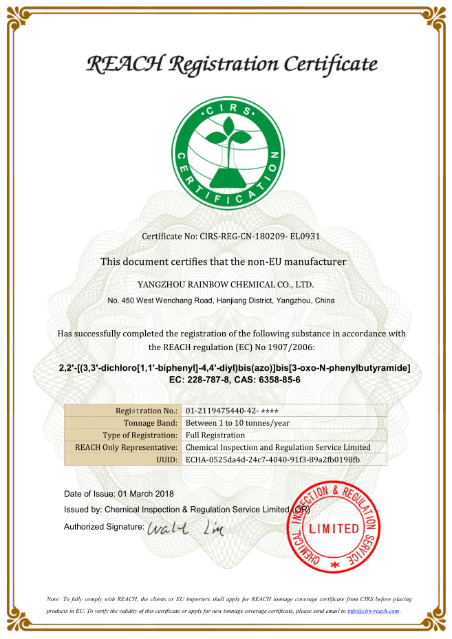 REACH Registration Certificate for Permanent Yellow G