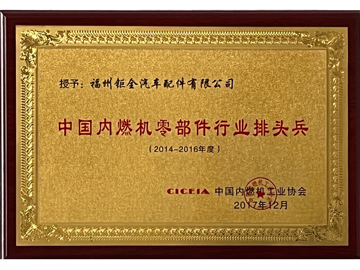 Certificate of Pioneer in China's Internal Combustion Engine Parts Industry