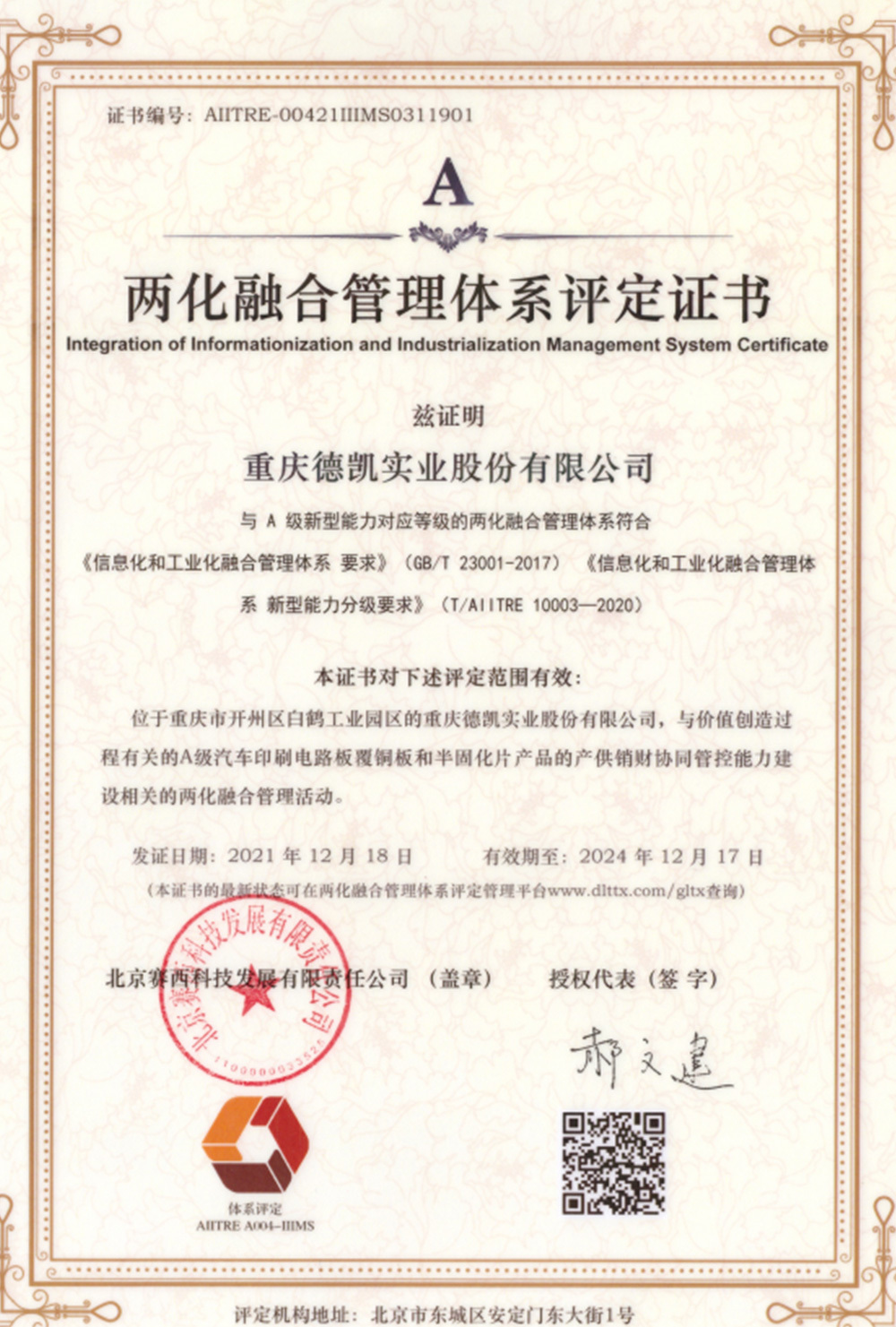 Two integration management system certificate