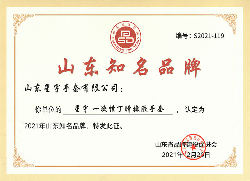 Shandong Famous Brand Certificate (Disposable Gloves)