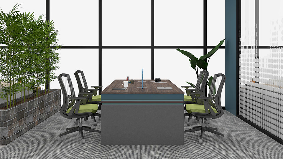 What kind of office furniture is generally configured in the office space?