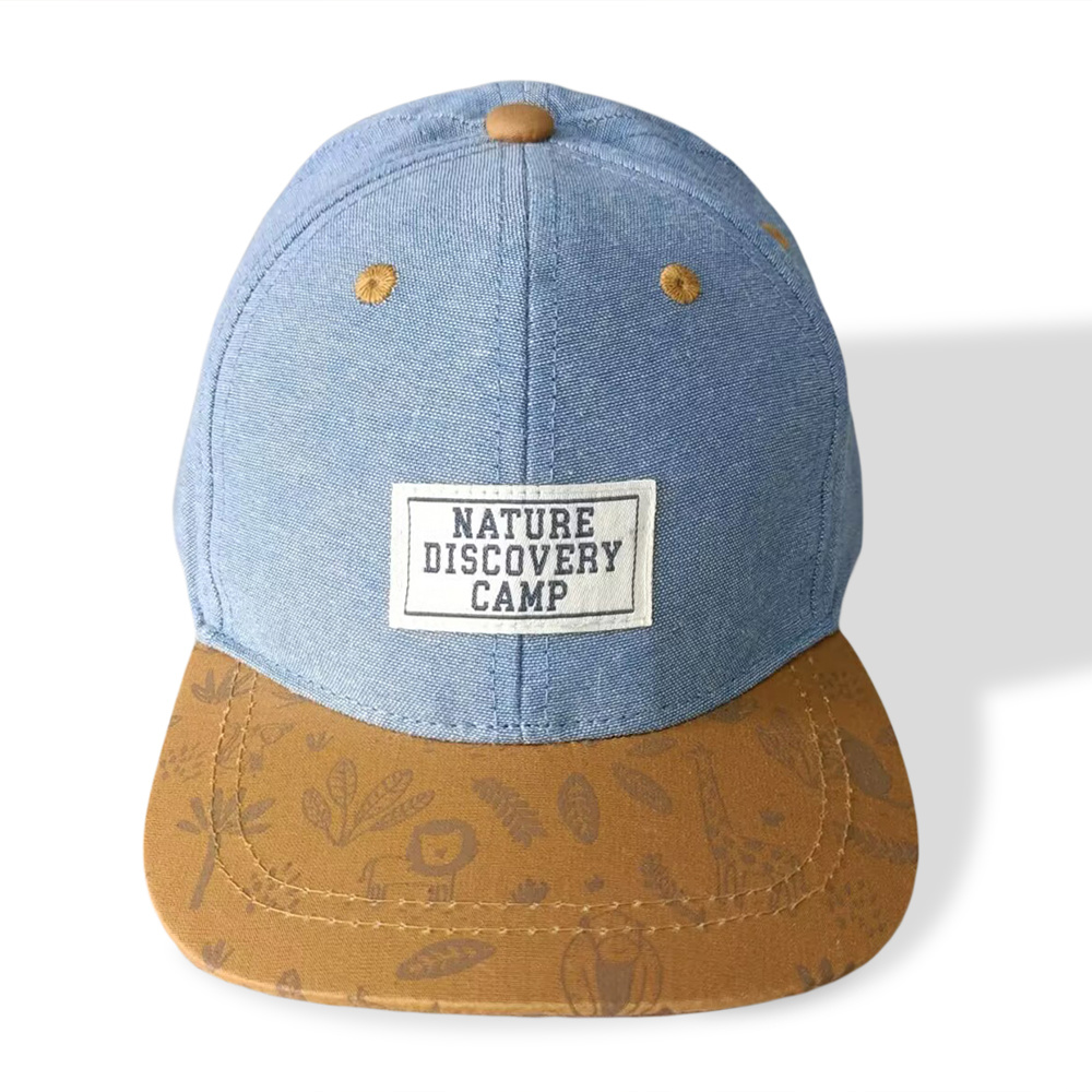 denim cotton baseball hat manufacturer with printing peak and woven label patch for kids