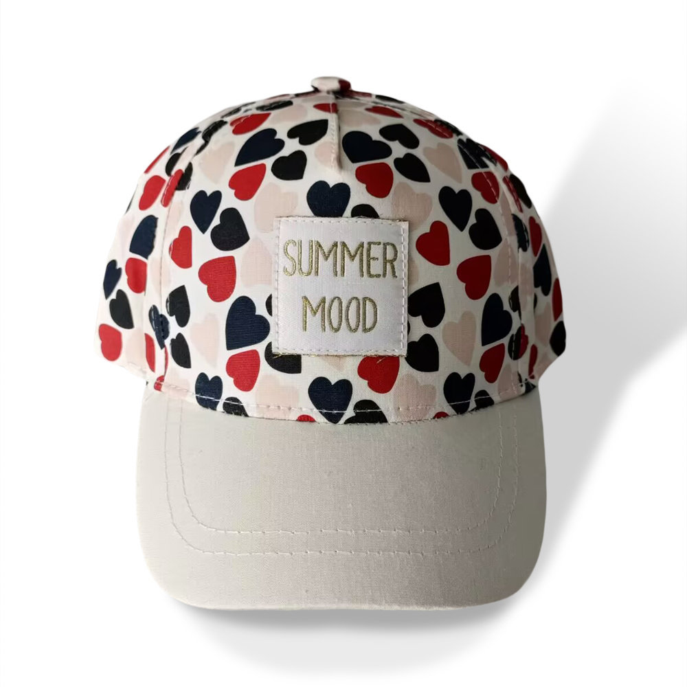 cotton twil baseball hat manufacturer with allover imprint logo and metallic label for kids