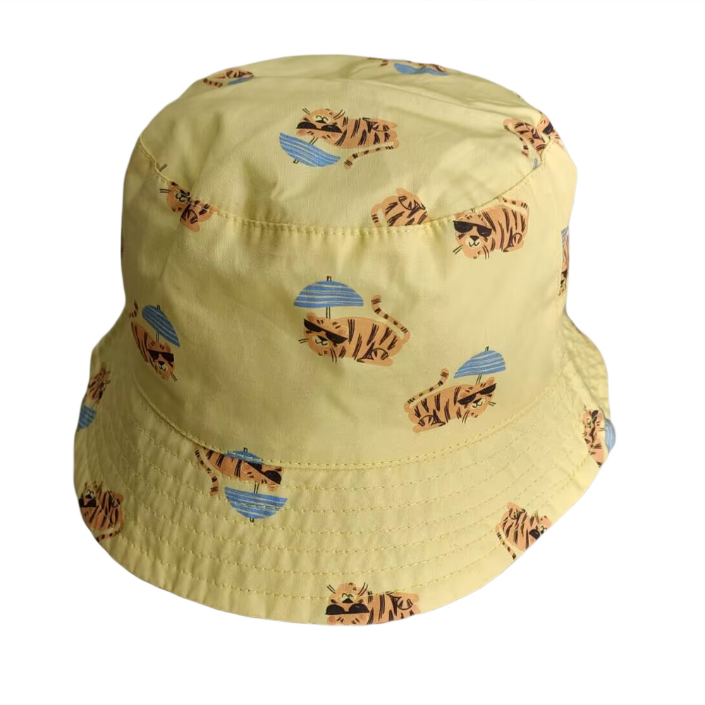 100% cotton sheet bucket hat supplier yellow color with allover printing and linning for kids girl