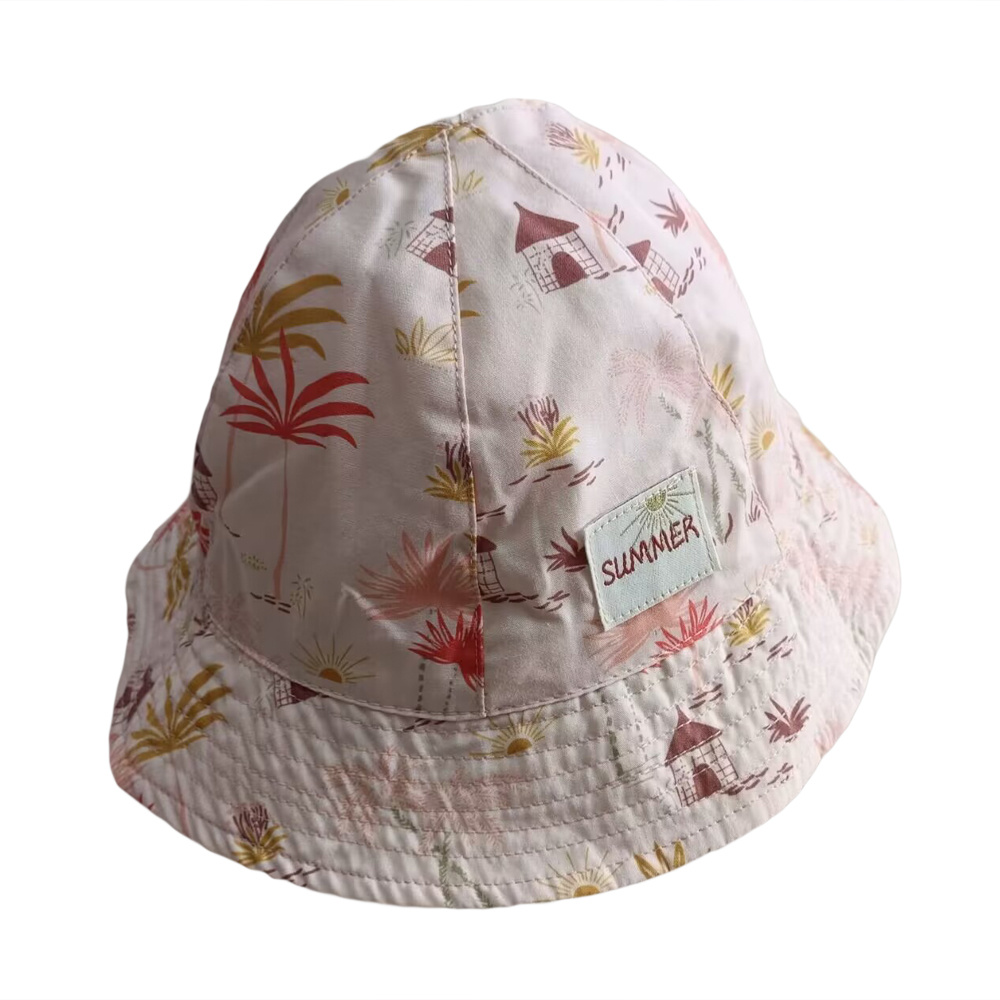 100% cotton sheet bucket hat supplier with allover printing for kids girl with woven patch
