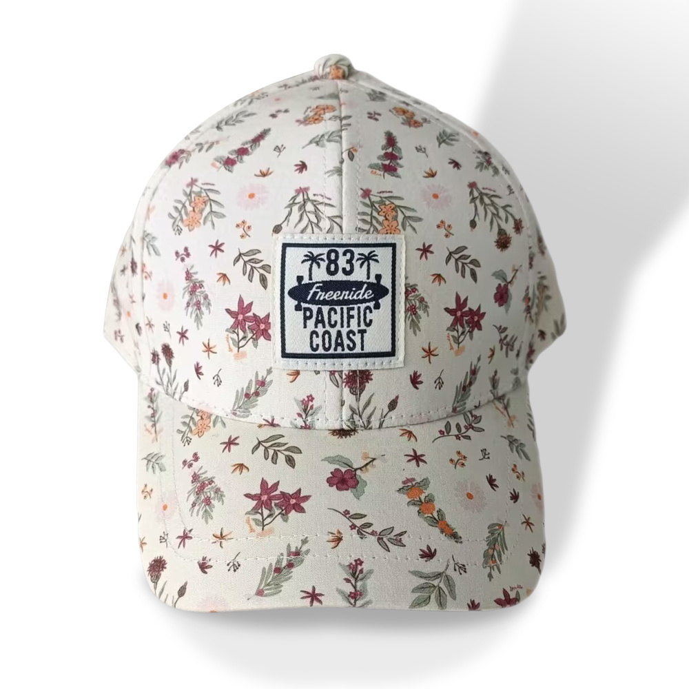cotton sheet baseball hat manufacturer with allover imprint logo and woven label patch for kids