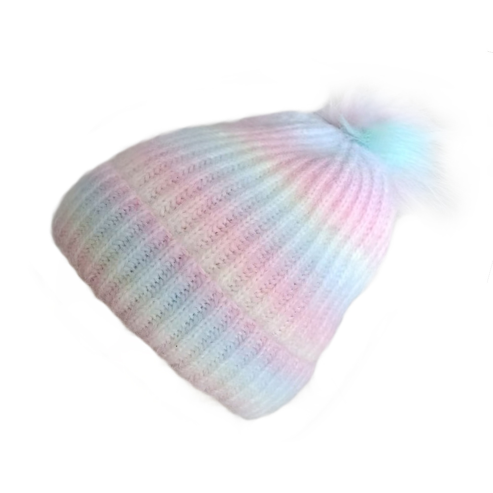 100% acrylic mohair beanie hat suppliers with top pompom and rainbow color
