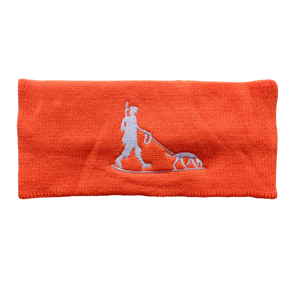 Orange knitted headband with embroidery logo on front and back