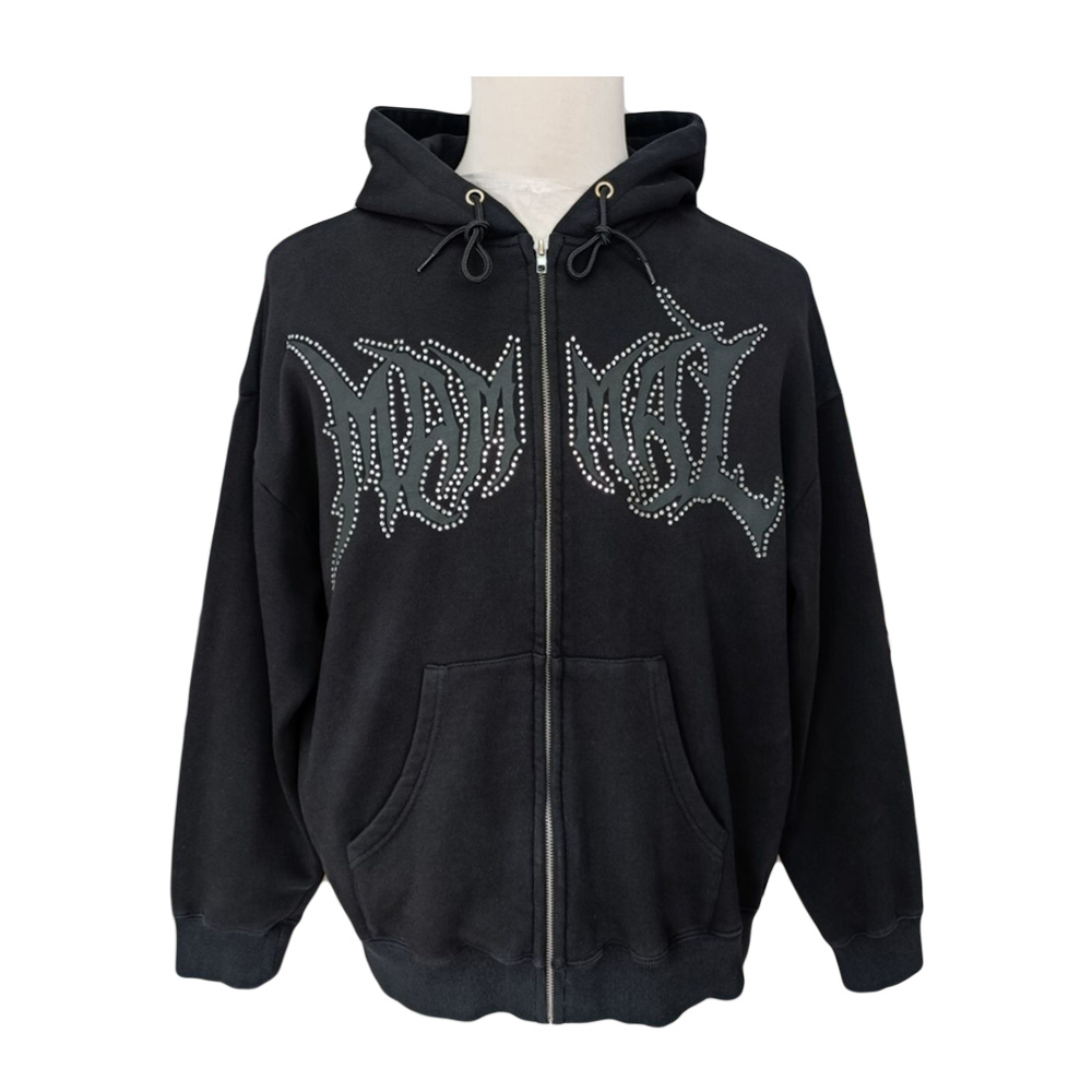 Heavyweight Streetwear Full Zip Up Men Customed Hoodie Jacket with Silk Screen Printed and Hot Fix Rhinestone logo