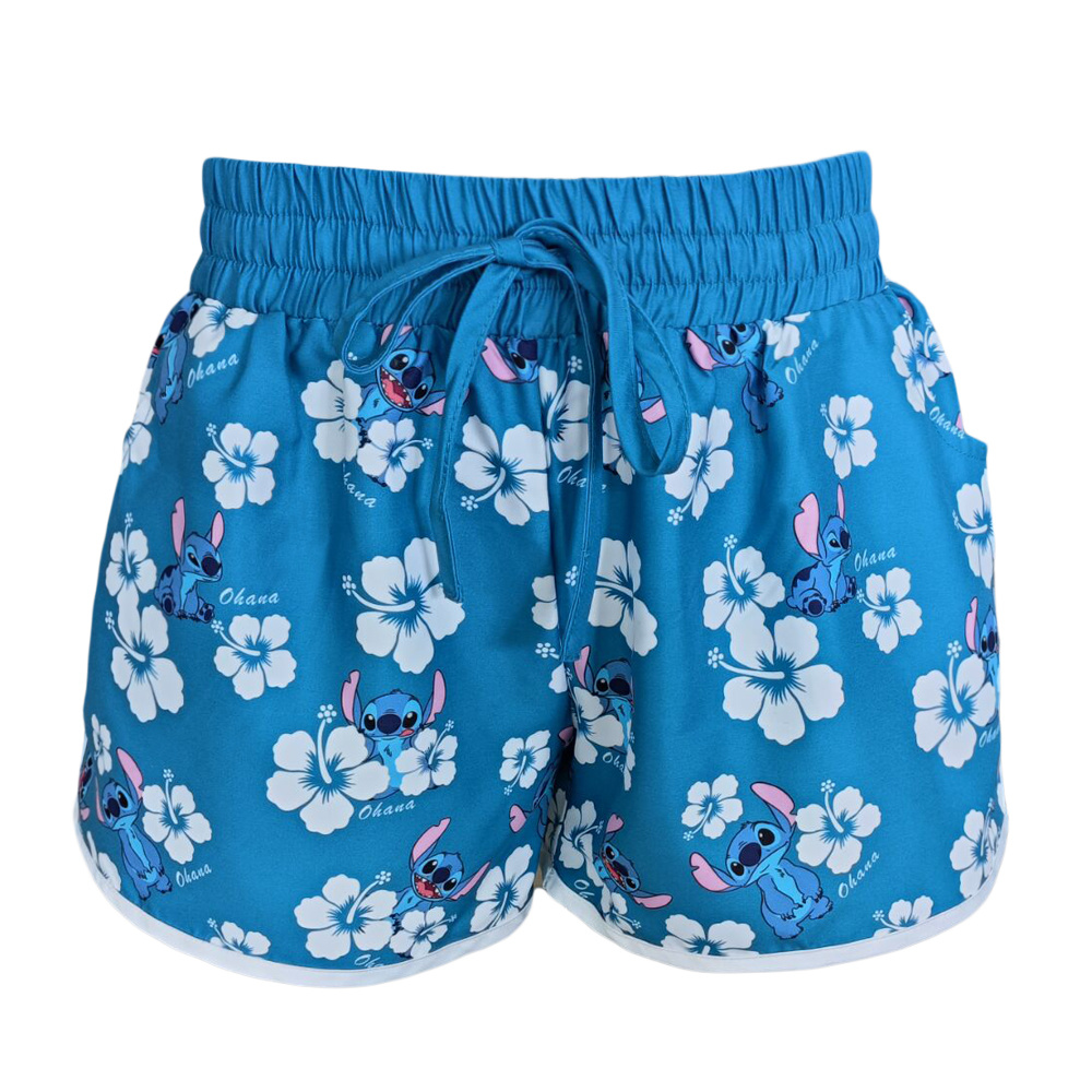 Polyester Woven Sublimation Printed Lilo&Stitch Hawaii Flowers Girl/Female Boardshorts with pockets