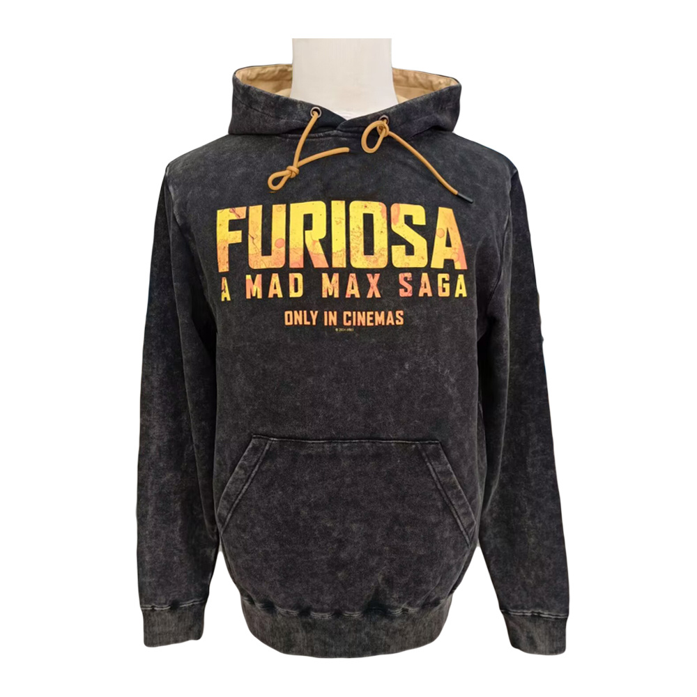 Long Sleeve Digital Printed Acid Washed Black FURIOSA Hooded Pullover for Men and Women